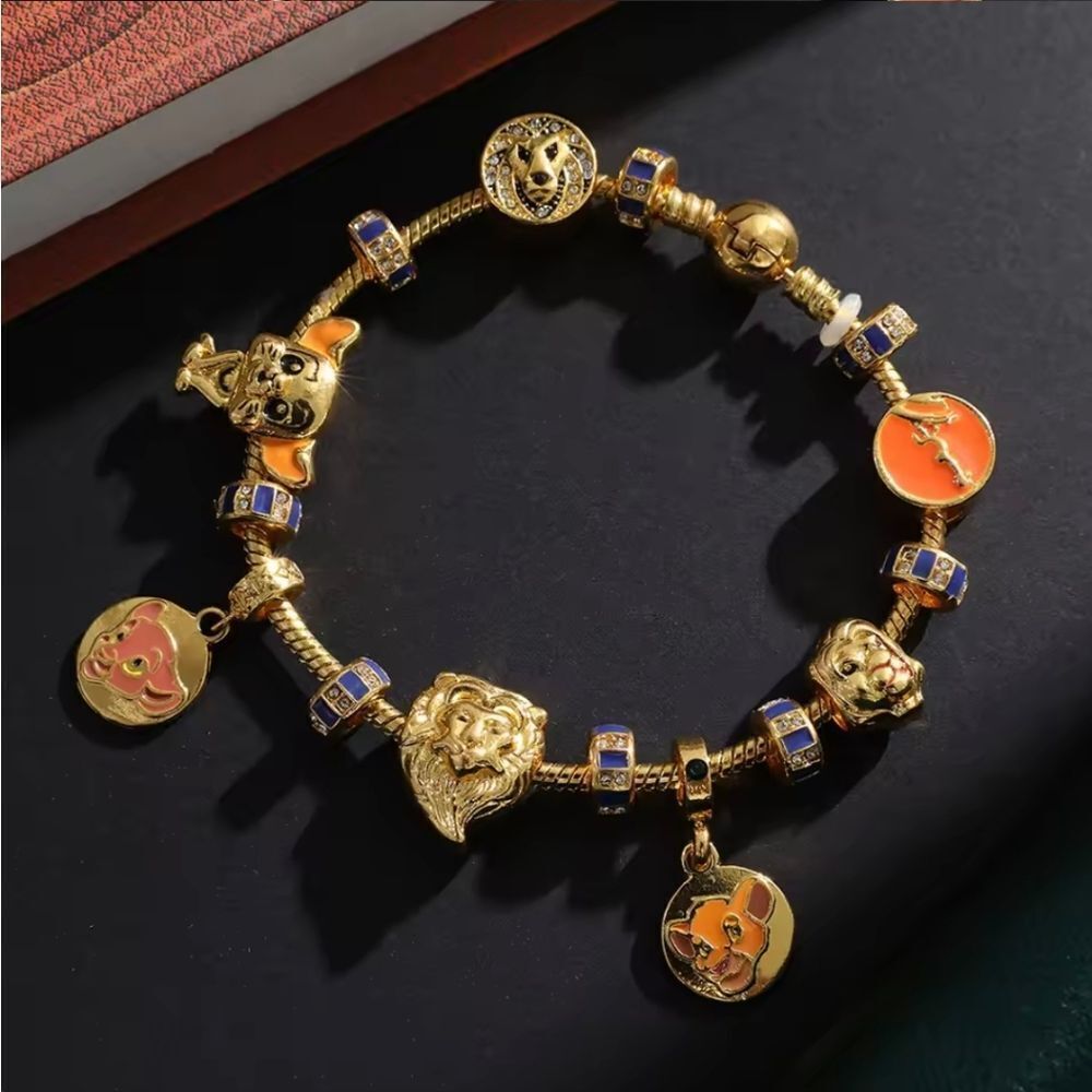 Gold Plated Disney Lion King Themed Enameled Loaded Charm Bracelet